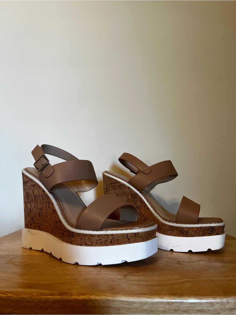 Soda Taupe Brown Cork Platform Wedge Sandals
